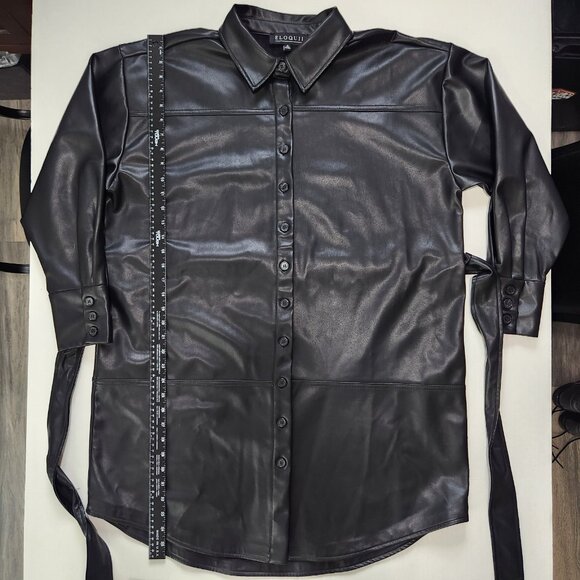 Eloquii Faux Leather Shirt Dress Plus Size 16 Short Black Button Up Belted Urban - Picture 9 of 11